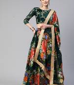 GREEN DIGITAL PRINT SEQUINS EMBROIDERED ART SILK FESTIVAL WEDDING DESIGNER PARTY SEMI STITCHED LEHENGA CHOLI