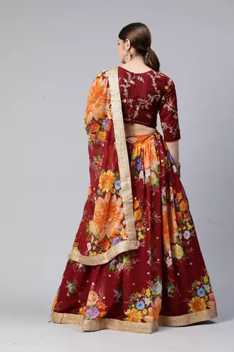 MAROON DIGITAL PRINT SEQUINS EMBROIDERED ART SILK FESTIVAL WEDDING DESIGNER PARTY SEMI STITCHED LEHENGA CHOLI