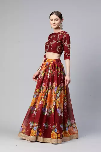 MAROON DIGITAL PRINT SEQUINS EMBROIDERED ART SILK FESTIVAL WEDDING DESIGNER PARTY SEMI STITCHED LEHENGA CHOLI