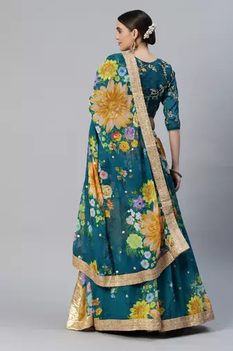TURQUOISE DIGITAL PRINT SEQUINS EMBROIDERED ART SILK FESTIVAL WEDDING DESIGNER PARTY SEMI STITCHED LEHENGA CHOLI