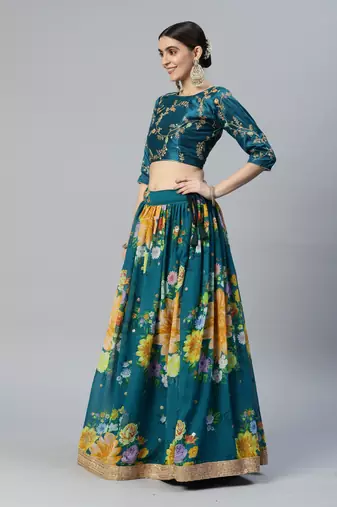 TURQUOISE DIGITAL PRINT SEQUINS EMBROIDERED ART SILK FESTIVAL WEDDING DESIGNER PARTY SEMI STITCHED LEHENGA CHOLI