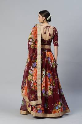 WINE DIGITAL PRINT SEQUINS EMBROIDERED ART SILK FESTIVAL WEDDING DESIGNER PARTY SEMI STITCHED LEHENGA CHOLI 2