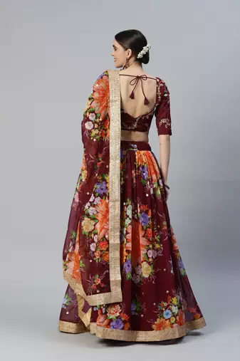 WINE DIGITAL PRINT SEQUINS EMBROIDERED ART SILK FESTIVAL WEDDING DESIGNER PARTY SEMI STITCHED LEHENGA CHOLI