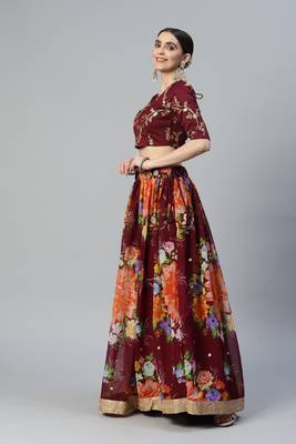 WINE DIGITAL PRINT SEQUINS EMBROIDERED ART SILK FESTIVAL WEDDING DESIGNER PARTY SEMI STITCHED LEHENGA CHOLI 3