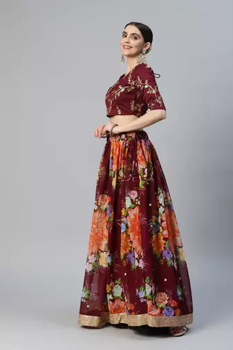 WINE DIGITAL PRINT SEQUINS EMBROIDERED ART SILK FESTIVAL WEDDING DESIGNER PARTY SEMI STITCHED LEHENGA CHOLI