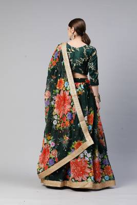 GREEN DIGITAL PRINT SEQUINS EMBROIDERED ART SILK FESTIVAL WEDDING DESIGNER PARTY SEMI STITCHED LEHENGA CHOLI 2