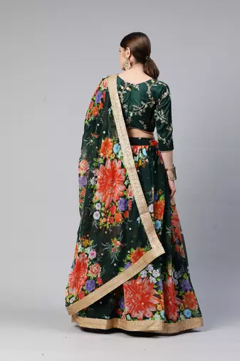 GREEN DIGITAL PRINT SEQUINS EMBROIDERED ART SILK FESTIVAL WEDDING DESIGNER PARTY SEMI STITCHED LEHENGA CHOLI