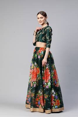 GREEN DIGITAL PRINT SEQUINS EMBROIDERED ART SILK FESTIVAL WEDDING DESIGNER PARTY SEMI STITCHED LEHENGA CHOLI 3
