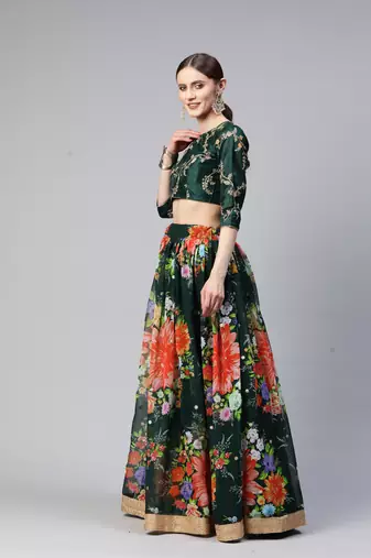 GREEN DIGITAL PRINT SEQUINS EMBROIDERED ART SILK FESTIVAL WEDDING DESIGNER PARTY SEMI STITCHED LEHENGA CHOLI
