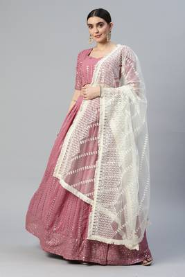 LAVENDER THREAD & SEQUINS EMBROIDERED GEORGETTE FESTIVAL WEDDING DESIGNER PARTY SEMI STITCHED LEHENGA CHOLI 1