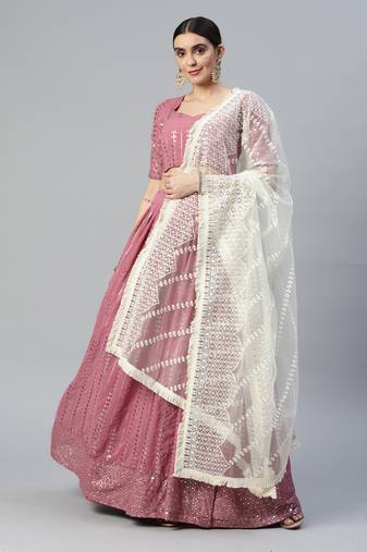 LAVENDER THREAD & SEQUINS EMBROIDERED WORK GEORGETTE FESTIVAL WEDDING DESIGNER PARTY SEMI STITCHED LEHENGA CHOLI