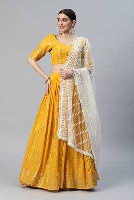 MUSTARD THREAD & SEQUINS EMBROIDERED GEORGETTE FESTIVAL WEDDING DESIGNER PARTY SEMI STITCHED LEHENGA CHOLI 1