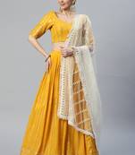 MUSTARD THREAD & SEQUINS EMBROIDERED GEORGETTE FESTIVAL WEDDING DESIGNER PARTY SEMI STITCHED LEHENGA CHOLI