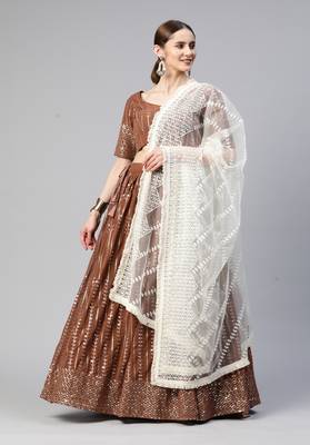 BROWN THREAD & SEQUINS EMBROIDERED GEORGETTE FESTIVAL WEDDING DESIGNER PARTY SEMI STITCHED LEHENGA CHOLI 1