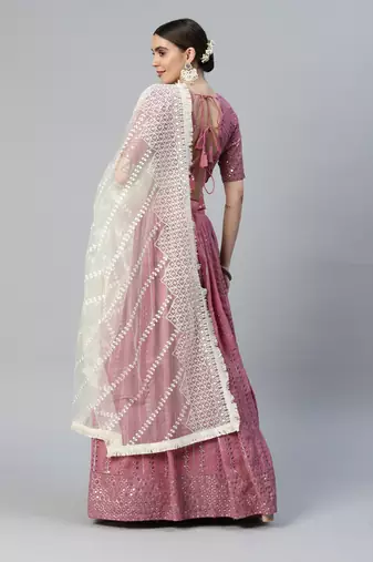 LAVENDER THREAD & SEQUINS EMBROIDERED GEORGETTE FESTIVAL WEDDING DESIGNER PARTY SEMI STITCHED LEHENGA CHOLI