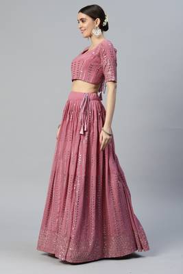 LAVENDER THREAD & SEQUINS EMBROIDERED GEORGETTE FESTIVAL WEDDING DESIGNER PARTY SEMI STITCHED LEHENGA CHOLI 3