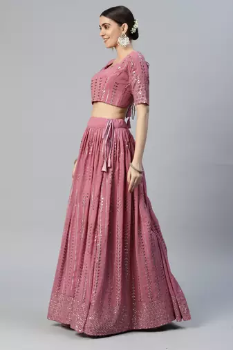 LAVENDER THREAD & SEQUINS EMBROIDERED GEORGETTE FESTIVAL WEDDING DESIGNER PARTY SEMI STITCHED LEHENGA CHOLI