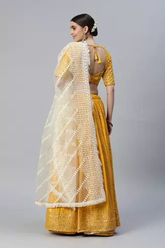 MUSTARD THREAD & SEQUINS EMBROIDERED GEORGETTE FESTIVAL WEDDING DESIGNER PARTY SEMI STITCHED LEHENGA CHOLI