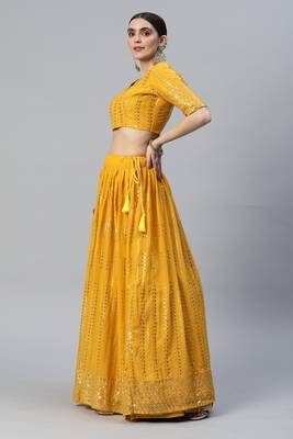 MUSTARD THREAD & SEQUINS EMBROIDERED GEORGETTE FESTIVAL WEDDING DESIGNER PARTY SEMI STITCHED LEHENGA CHOLI 3