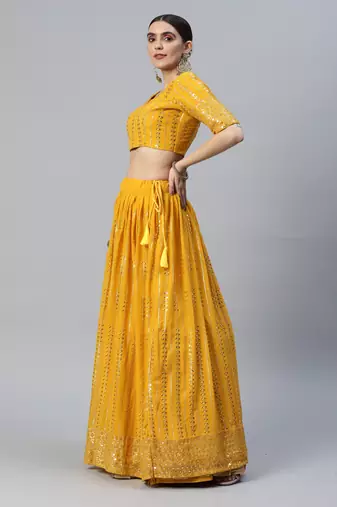 MUSTARD THREAD & SEQUINS EMBROIDERED GEORGETTE FESTIVAL WEDDING DESIGNER PARTY SEMI STITCHED LEHENGA CHOLI