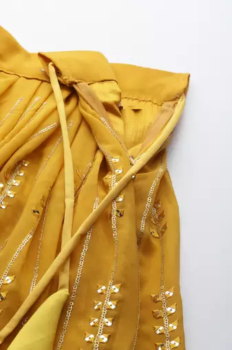 MUSTARD THREAD & SEQUINS EMBROIDERED GEORGETTE FESTIVAL WEDDING DESIGNER PARTY SEMI STITCHED LEHENGA CHOLI