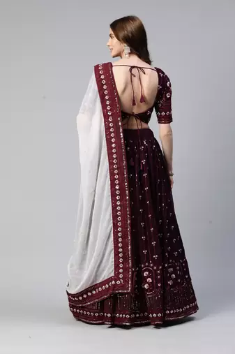 PURPLE THREAD & SEQUINS EMBROIDERED GEORGETTE FESTIVAL WEDDING DESIGNER PARTY SEMI STITCHED LEHENGA CHOLI