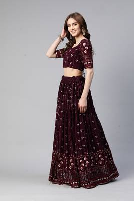 PURPLE THREAD & SEQUINS EMBROIDERED GEORGETTE FESTIVAL WEDDING DESIGNER PARTY SEMI STITCHED LEHENGA CHOLI 4