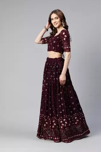 PURPLE THREAD & SEQUINS EMBROIDERED GEORGETTE FESTIVAL WEDDING DESIGNER PARTY SEMI STITCHED LEHENGA CHOLI