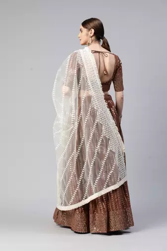 BROWN THREAD & SEQUINS EMBROIDERED GEORGETTE FESTIVAL WEDDING DESIGNER PARTY SEMI STITCHED LEHENGA CHOLI