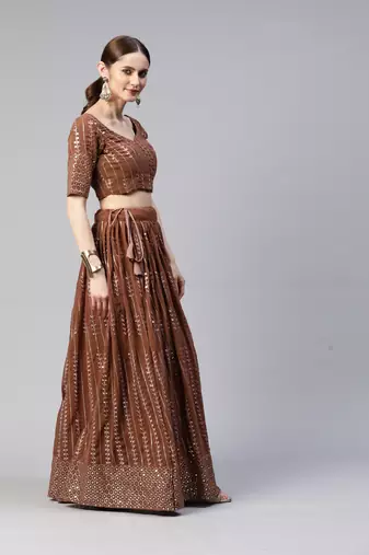 BROWN THREAD & SEQUINS EMBROIDERED GEORGETTE FESTIVAL WEDDING DESIGNER PARTY SEMI STITCHED LEHENGA CHOLI