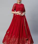 MAROON THREAD AND SEQUINS EMBROIDERED GEORGETTE FESTIVE & PARTY WEAR SEMI STITCHED LEHENGA
