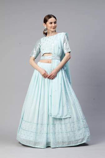 SKY BLUE THREAD AND SEQUINS EMBROIDERED GEORGETTE FESTIVE & PARTY WEAR SEMI STITCHED LEHENGA