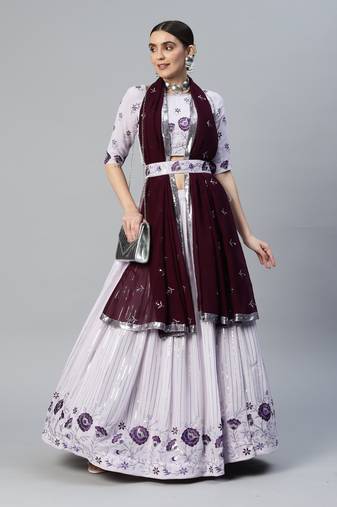 LAVENDER THREAD AND SEQUINS EMBROIDERED GEORGETTE FESTIVE & PARTY WEAR SEMI STITCHED LEHENGA