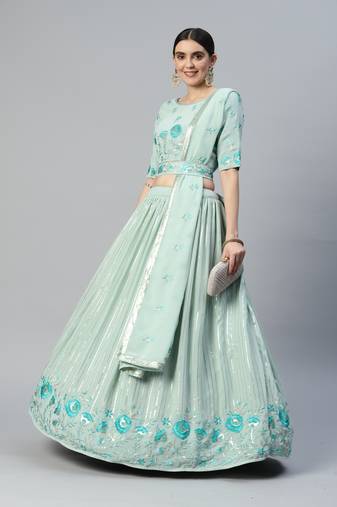 PISTA GREEN THREAD AND SEQUINS EMBROIDERED GEORGETTE FESTIVE & PARTY WEAR SEMI STITCHED LEHENGA