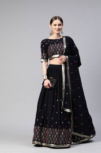 NAVY BLUE THREAD AND SEQUINS EMBROIDERED GEORGETTE FESTIVE & PARTY WEAR SEMI STITCHED LEHENGA