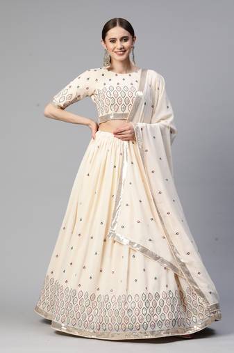 BEIGE THREAD AND SEQUINS EMBROIDERED GEORGETTE FESTIVE & PARTY WEAR SEMI STITCHED LEHENGA