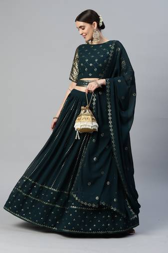TEAL GREEN THREAD AND SEQUINS EMBROIDERED GEORGETTE FESTIVE & PARTY WEAR SEMI STITCHED LEHENGA