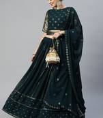 TEAL GREEN THREAD AND SEQUINS EMBROIDERED GEORGETTE FESTIVE & PARTY WEAR SEMI STITCHED LEHENGA