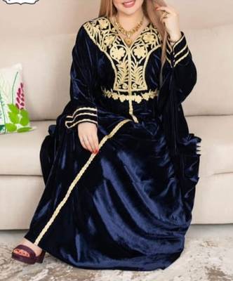 Navy Blue Aari & Stone Work stitched Velvet Kaftan Party Wear 1