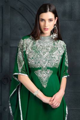Green  Zari & Stone Work stitched Georgette Farasha Party Wear 3