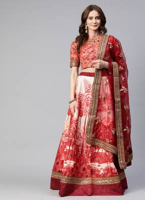 RED PRINT WITH STONE & SEQUINS EMBROIDERED CHENNAI SILK FESTIVE BRIDAL WEDDING & PARTY WEAR SEMI STITCHED LEHENGA CHOLI 6