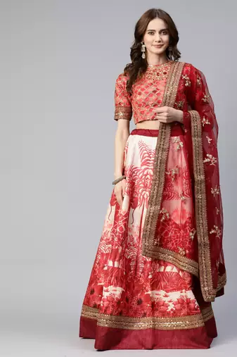 RED PRINT WITH STONE & SEQUINS EMBROIDERED CHENNAI SILK FESTIVE BRIDAL WEDDING & PARTY WEAR SEMI STITCHED LEHENGA CHOLI