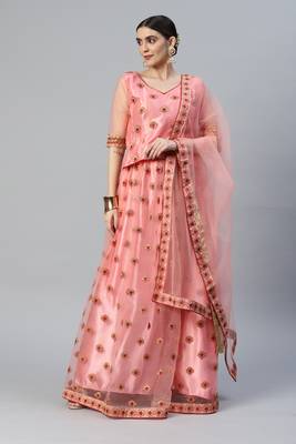 PEACH ZARI & SEQUINS EMBROIDERED SOFT NET FESTIVE BRIDAL WEDDING & PARTY WEAR SEMI STITCHED LEHENGA CHOLI 7