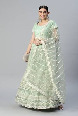 MINT GREEN LAKHNAVI ZARI & SEQUINS EMBROIDERED SOFT NET FESTIVE WEDDING & DESIGNER PARTY SEMI STITCHED LEHENGA CHOLI 7