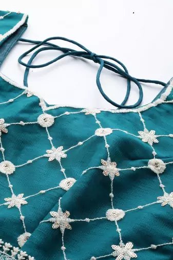 TEAL GREEN COTTON EMBROIDERED SOFT NET FESTIVE WEDDING & DESIGNER PARTY SEMI STITCHED LEHENGA CHOLI