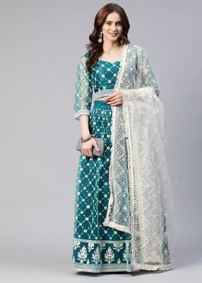 TEAL GREEN COTTON EMBROIDERED SOFT NET FESTIVE WEDDING & DESIGNER PARTY SEMI STITCHED LEHENGA CHOLI 7