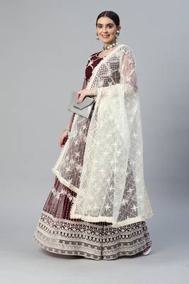 WINE COTTON EMBROIDERED SOFT NET FESTIVE WEDDING & DESIGNER PARTY SEMI STITCHED LEHENGA CHOLI 7