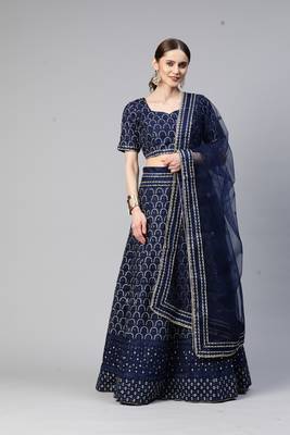 BLUE THREAD SEQUINS EMBROIDERED NET FESTIVE WEDDING & DESIGNER PARTY SEMI STITCHED LEHENGA CHOLI 7