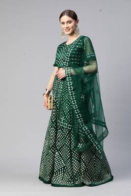 GREEN THREAD SEQUINS EMBROIDERED NET FESTIVE WEDDING & DESIGNER PARTY SEMI STITCHED LEHENGA CHOLI 7