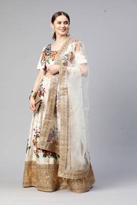 WHITE DIGITAL PRINT DORI SEQUINS EMBROIDERED WITH PEARL WORK ART SILK FESTIVE DESIGNER PARTY SEMI STITCHED LEHENGA CHOLI 7